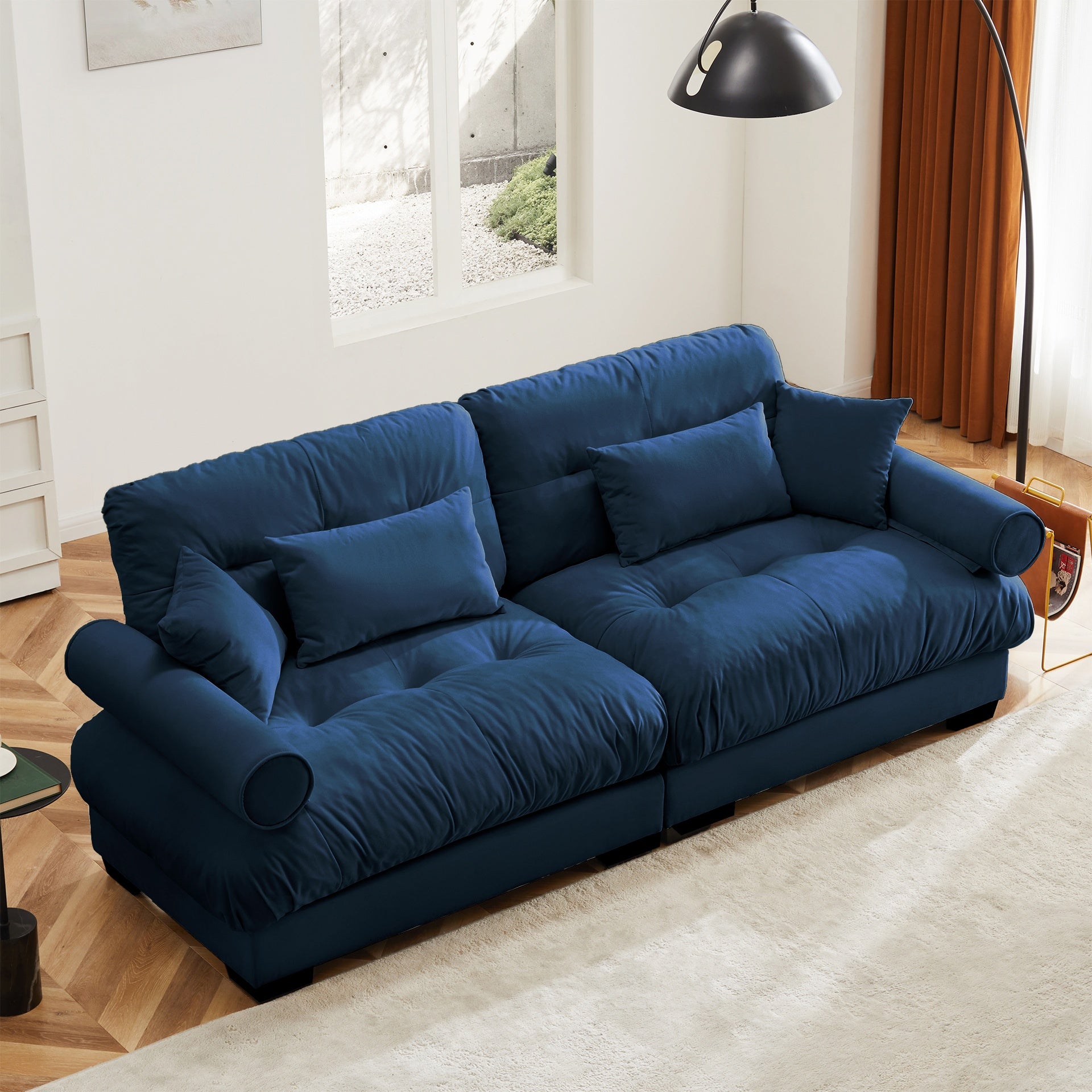 Large Size Modern Two-seater Sofa with Bolstered Armrests,Velvet 2-Seater Sofa With Waist Pillows and Throw Pillows , Suitable for Living Room , Loft, Working Spaces , Hallway and Bedroom,Blue