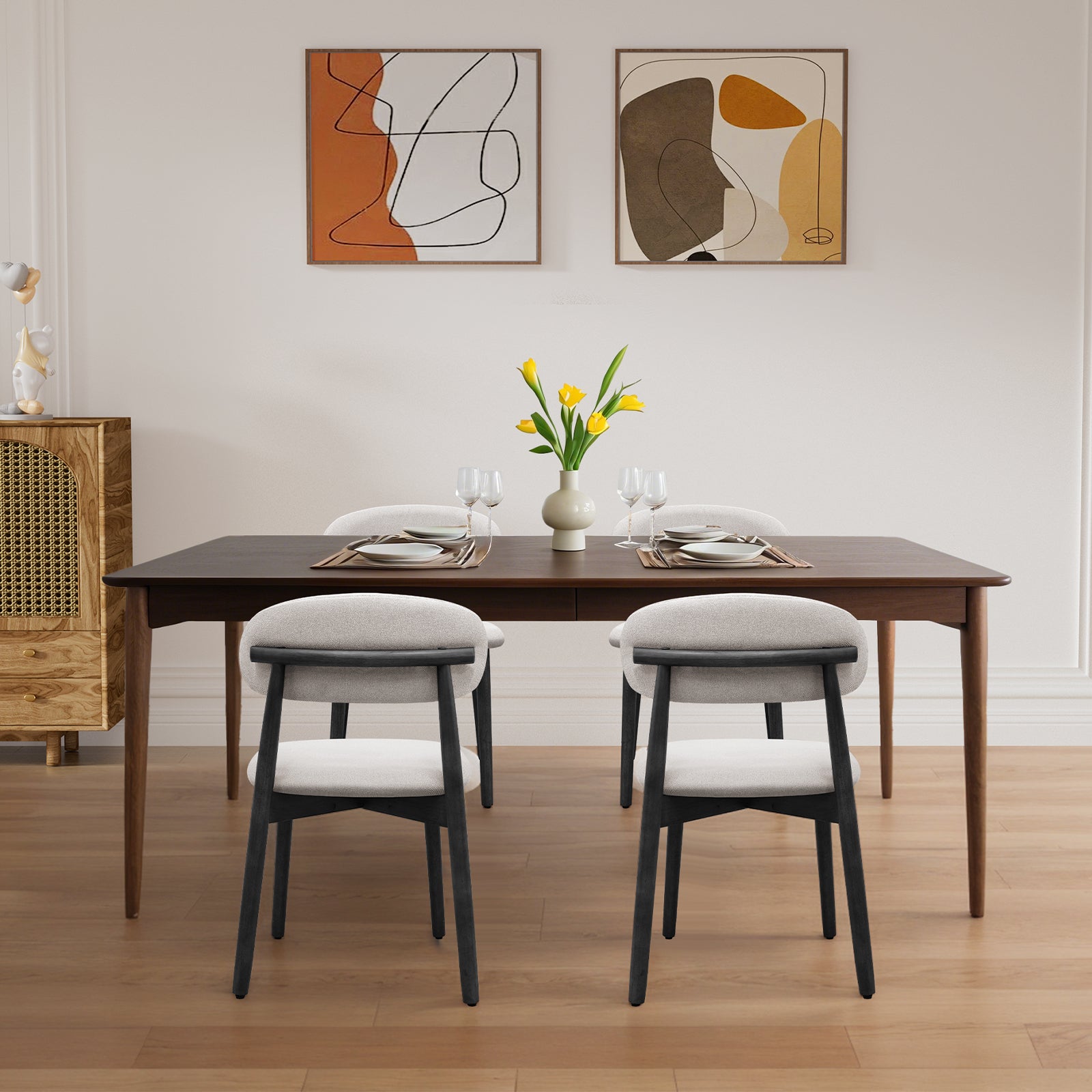 Linen Grey Cotton-Linen Fabric Upholstered Dining Chair with Black Solid Wood Legs, Armless Chair Set of 2 for Kitchen, Restaurant, Living, Meeting Room