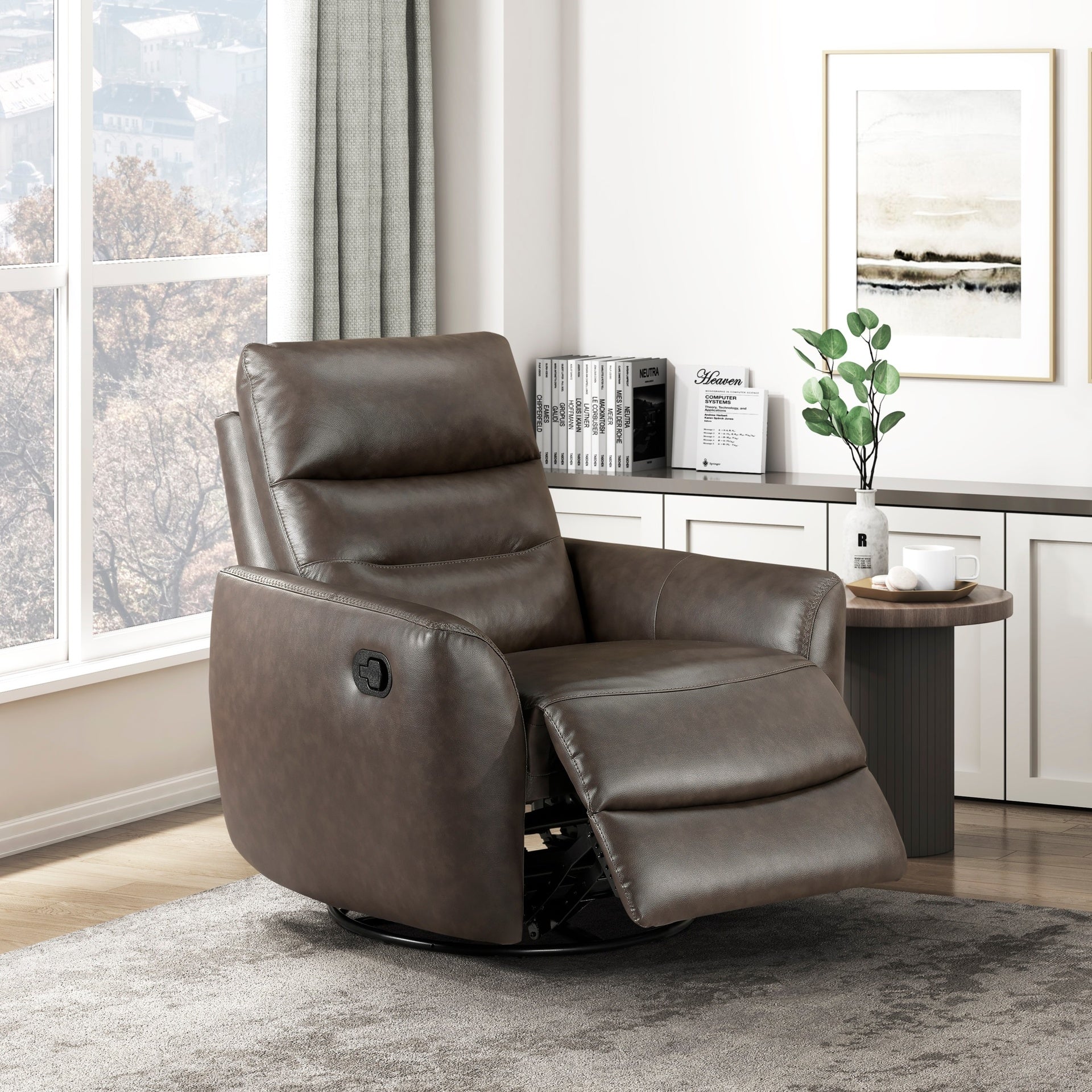 Luxurious Swivel Glider Reclining Chair 1pc Dark Brown Leather Upholstery Plush Comfort Living Room Furniture