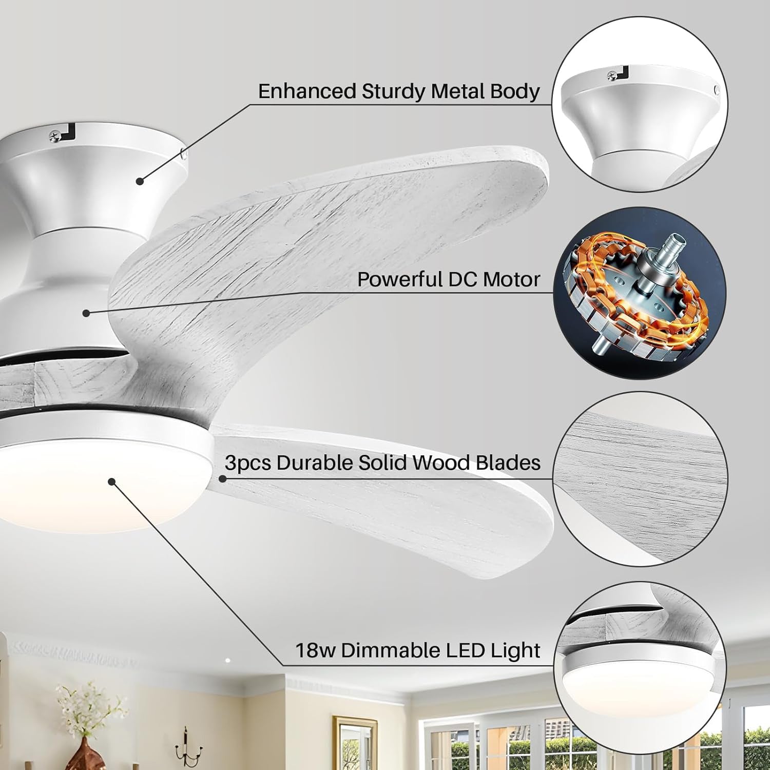 52 Inch Modern Ceiling Fan With 3 Color Dimmable Solid Wood  Blades Remote Control Reversible DC Motor For Bedroom