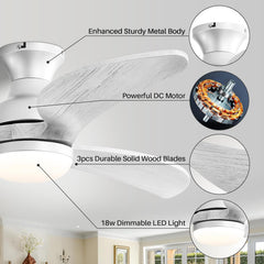 52 Inch Modern Ceiling Fan With 3 Color Dimmable Solid Wood  Blades Remote Control Reversible DC Motor For Bedroom