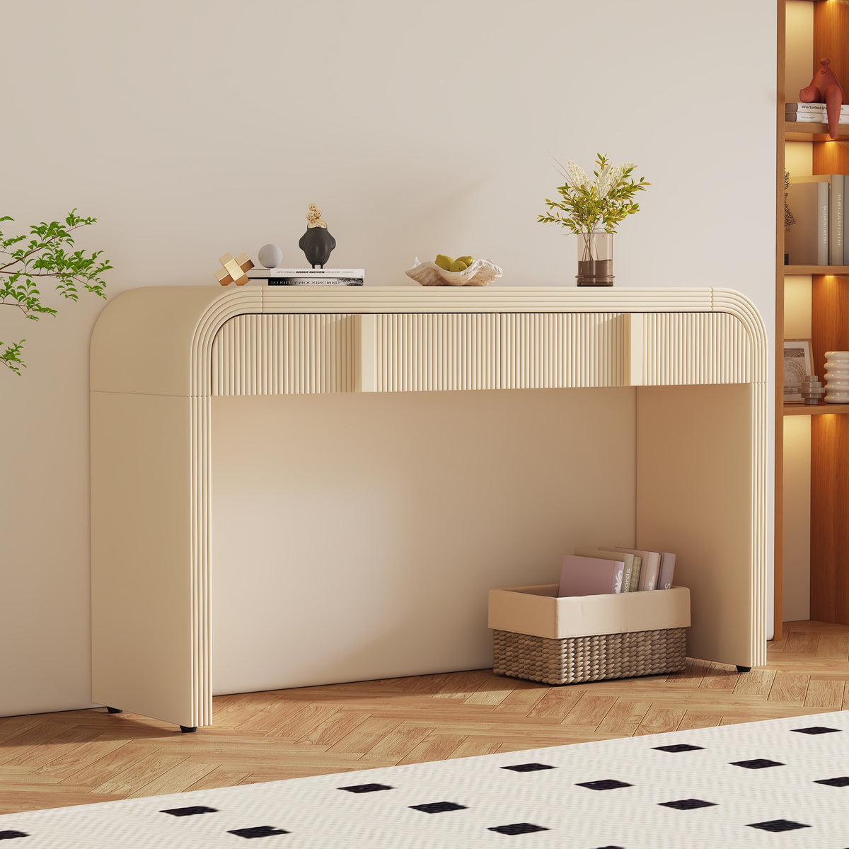 TREXM Modern Console Table with 2 Storage Drawers, Fluted Entryway Table with Rounded Silhouette for Hallway Living Room and Entryway (Apricot Cream)