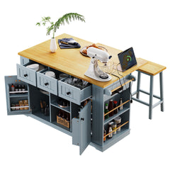 K&K 53inch Large Kitchen Island with Drop Leaf,Power Outlet,Door Internal Storage Rack,Rolling Kitchen Cart on 5 Wheels with 5 Open Side Racks for Kitchen,Grey Blue(Two Packages)(Stools not included)