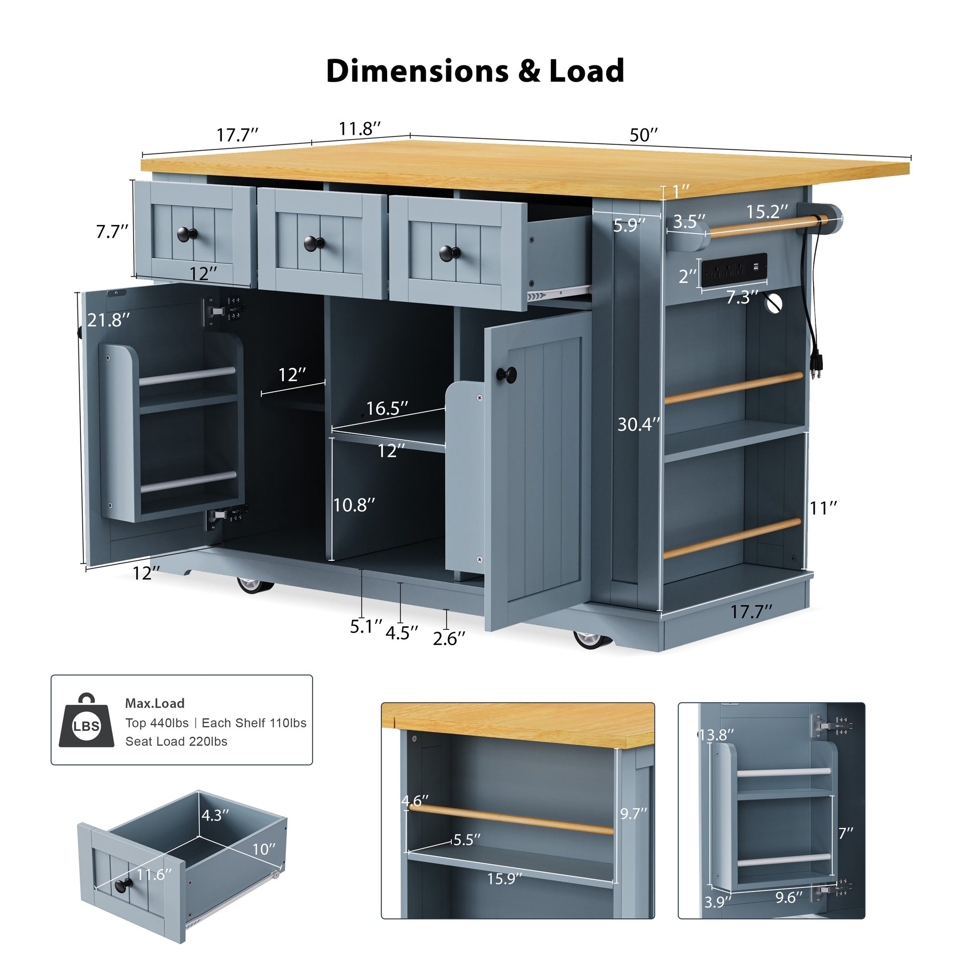 K&K 53inch Large Kitchen Island with Drop Leaf,Power Outlet,Door Internal Storage Rack,Rolling Kitchen Cart on 5 Wheels with 5 Open Side Racks for Kitchen,Grey Blue(Two Packages)(Stools not included)
