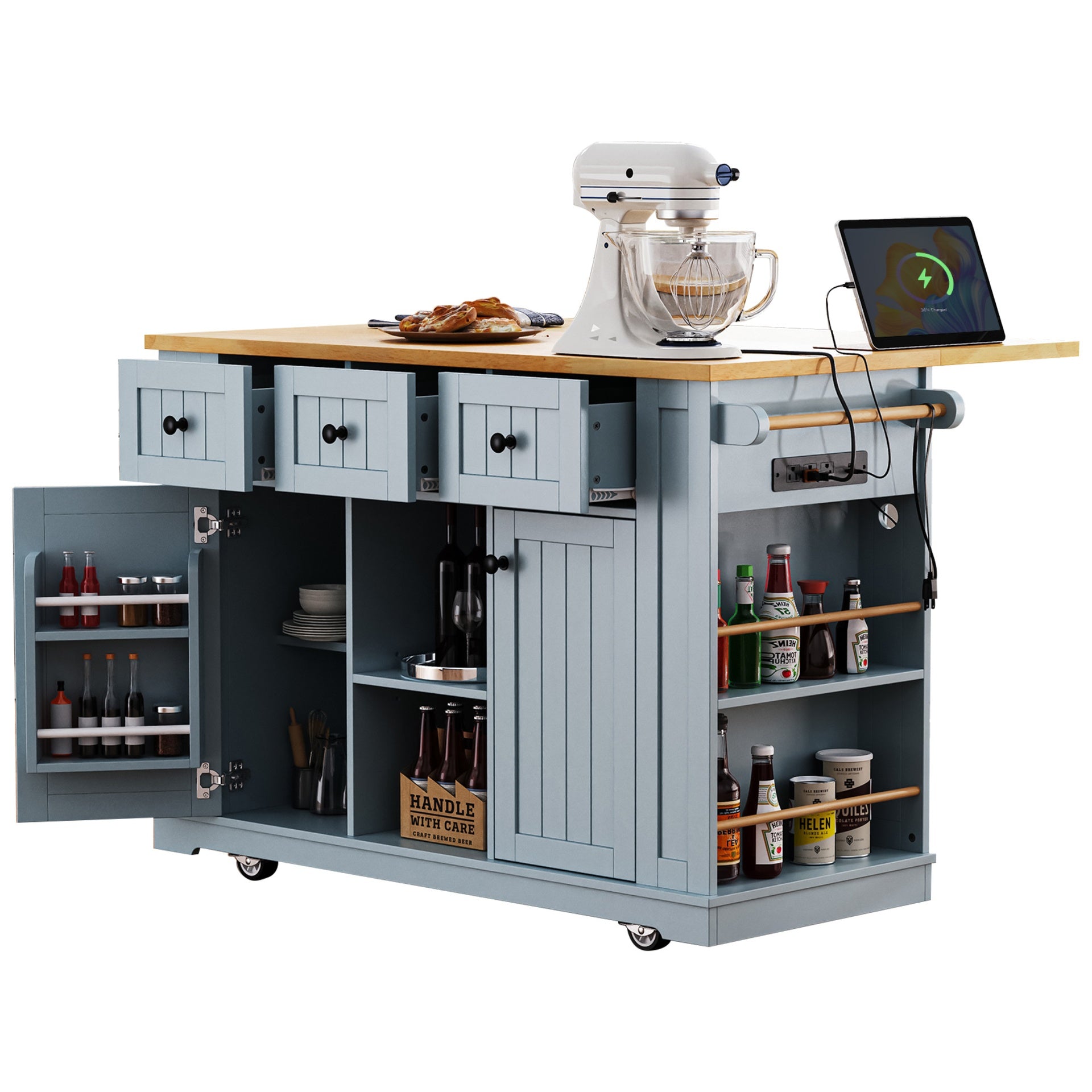 K&K 53inch Large Kitchen Island with Drop Leaf,Power Outlet,Door Internal Storage Rack,Rolling Kitchen Cart on 5 Wheels with 5 Open Side Racks for Kitchen,Grey Blue(Two Packages)(Stools not included)