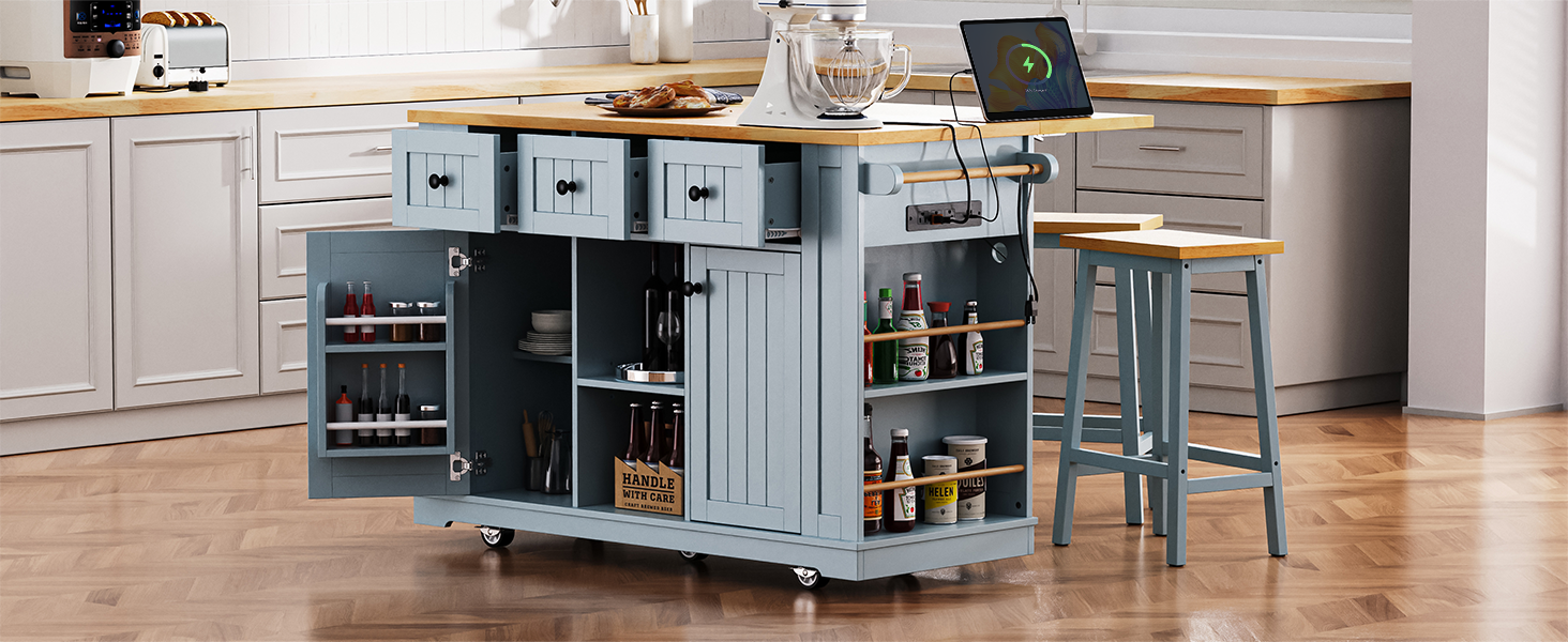 K&K 53inch Large Kitchen Island with Drop Leaf,Power Outlet,Door Internal Storage Rack,Rolling Kitchen Cart on 5 Wheels with 5 Open Side Racks for Kitchen,Grey Blue(Two Packages)(Stools not included)