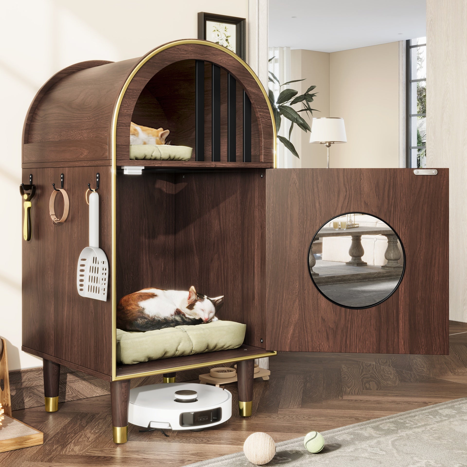 Cat Litter Box Enclosure , 2-in-1 Condo Cat Bed, Cat Shelter Furniture with Two-Level Cozy Haven for 2 Cats, Cute Kitty Condo for Sleeping, Luxury Cat House& Furniture, Espresso