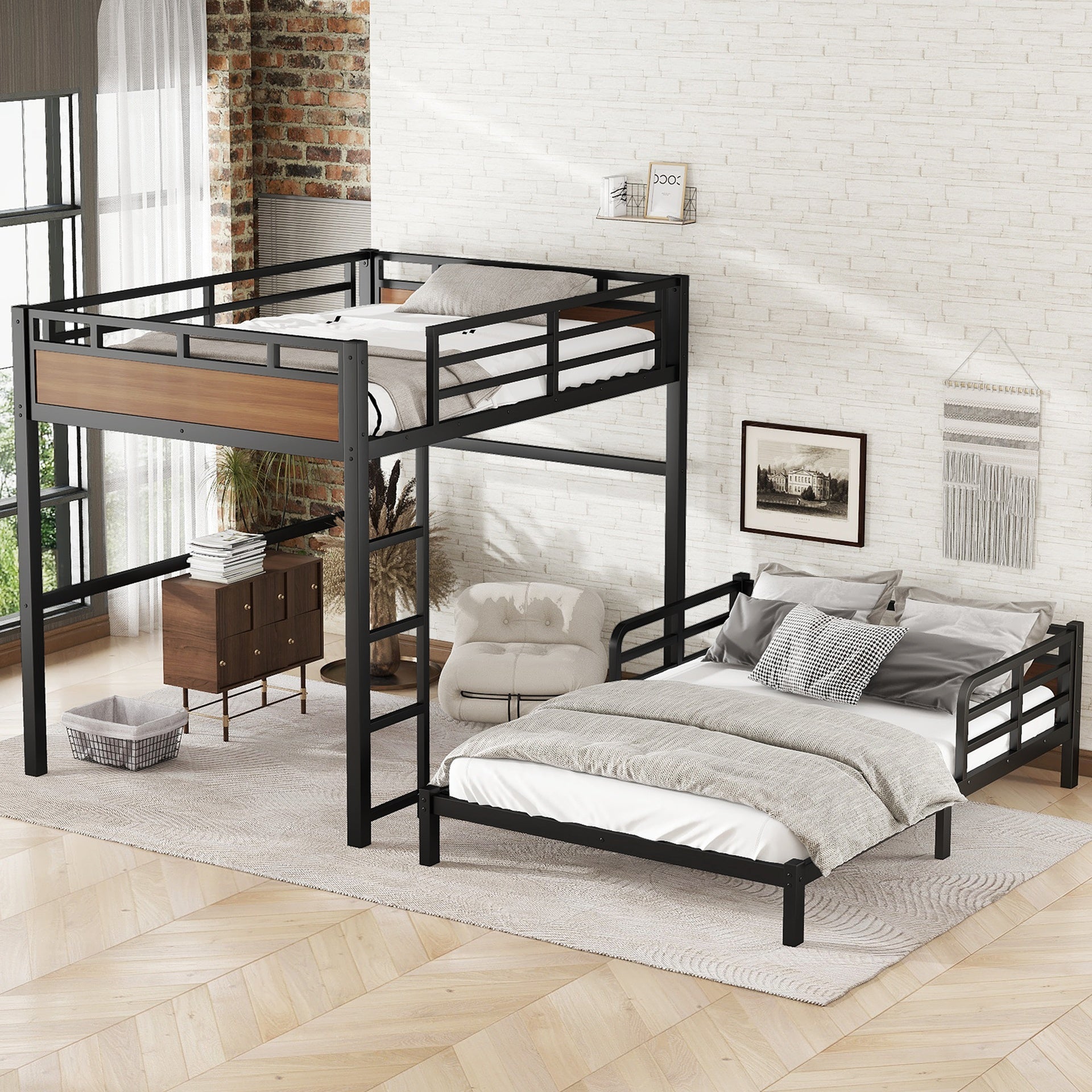 Full XL over Full XL Metal Bunk Bed/Metal Loft Bed,Separable Bunk Beds,with raised security fence,Walnut Color