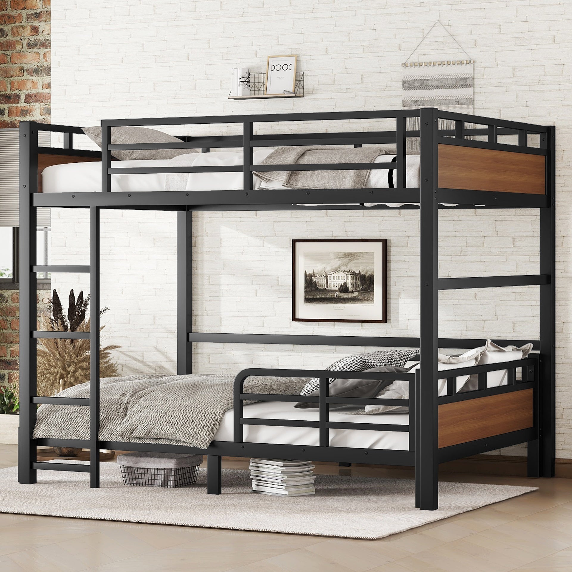 Full XL over Full XL Metal Bunk Bed/Metal Loft Bed,Separable Bunk Beds,with raised security fence,Walnut Color