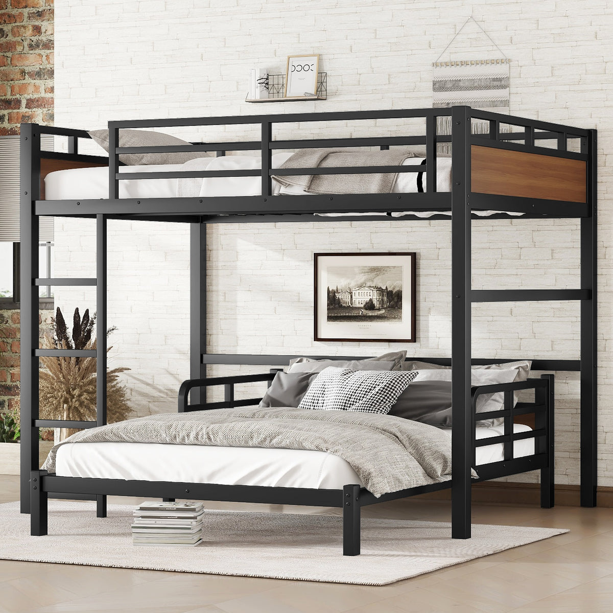 Full XL over Full XL Metal Bunk Bed/Metal Loft Bed,Separable Bunk Beds,with raised security fence,Walnut Color