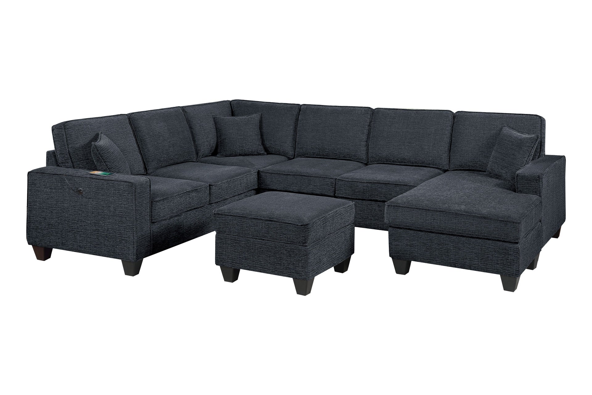Slate Black Finish Contemporary Style 5pc Sectional Set Left Arm Loveseat With USB Port Corner Wedges Ottoman Armless Chairs Right Arm Loveseat With Chaise Primary Living Room