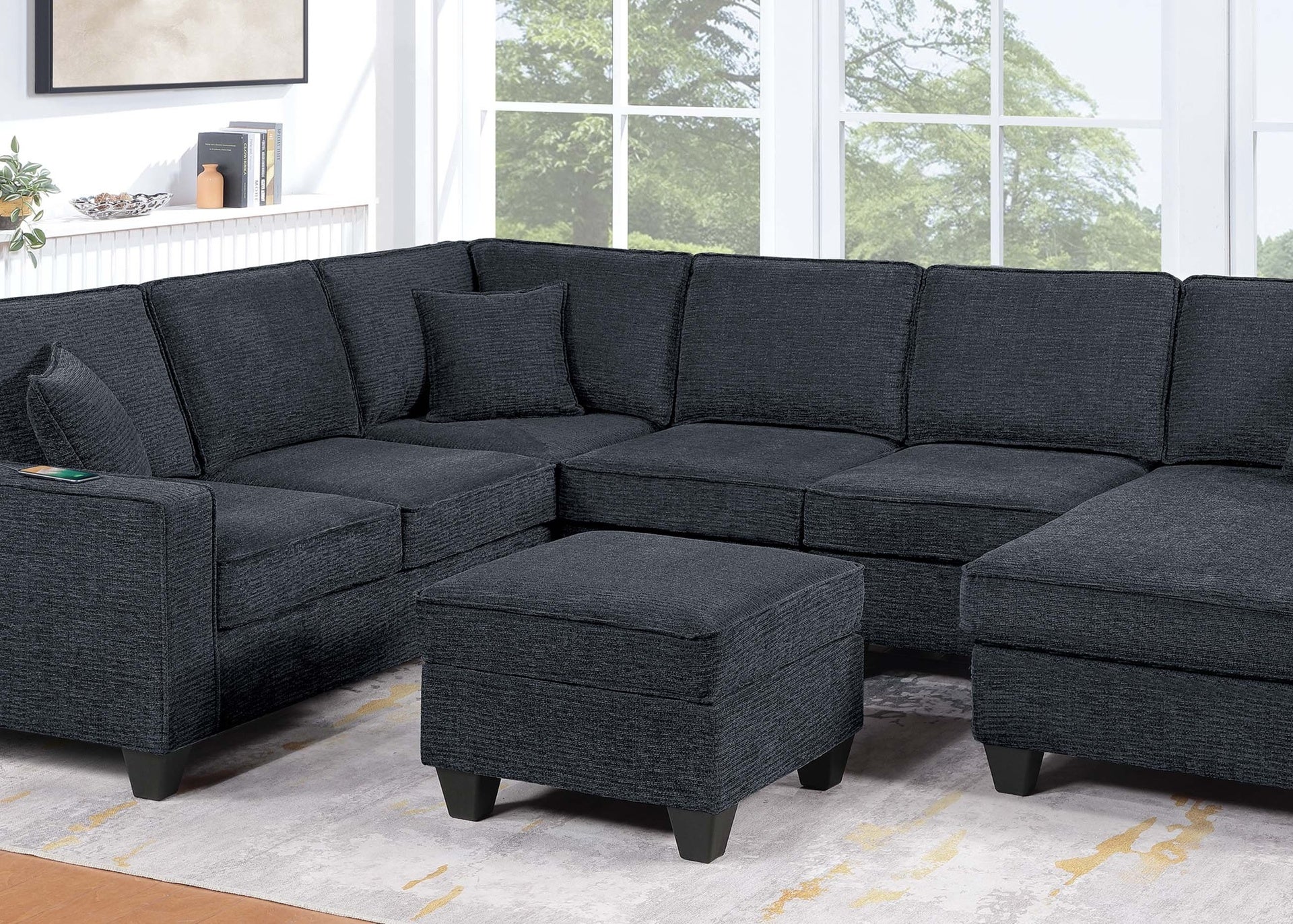 Slate Black Finish Contemporary Style 5pc Sectional Set Left Arm Loveseat With USB Port Corner Wedges Ottoman Armless Chairs Right Arm Loveseat With Chaise Primary Living Room