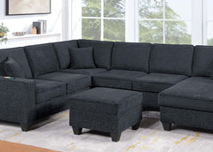 Slate Black Finish Contemporary Style 5pc Sectional Set Left Arm Loveseat With USB Port Corner Wedges Ottoman Armless Chairs Right Arm Loveseat With Chaise Primary Living Room