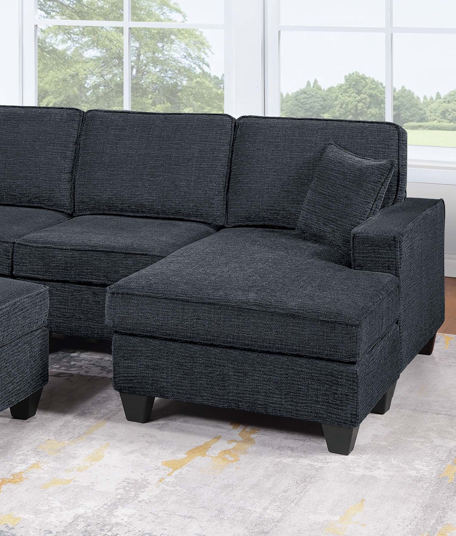 Slate Black Finish Contemporary Style 5pc Sectional Set Left Arm Loveseat With USB Port Corner Wedges Ottoman Armless Chairs Right Arm Loveseat With Chaise Primary Living Room
