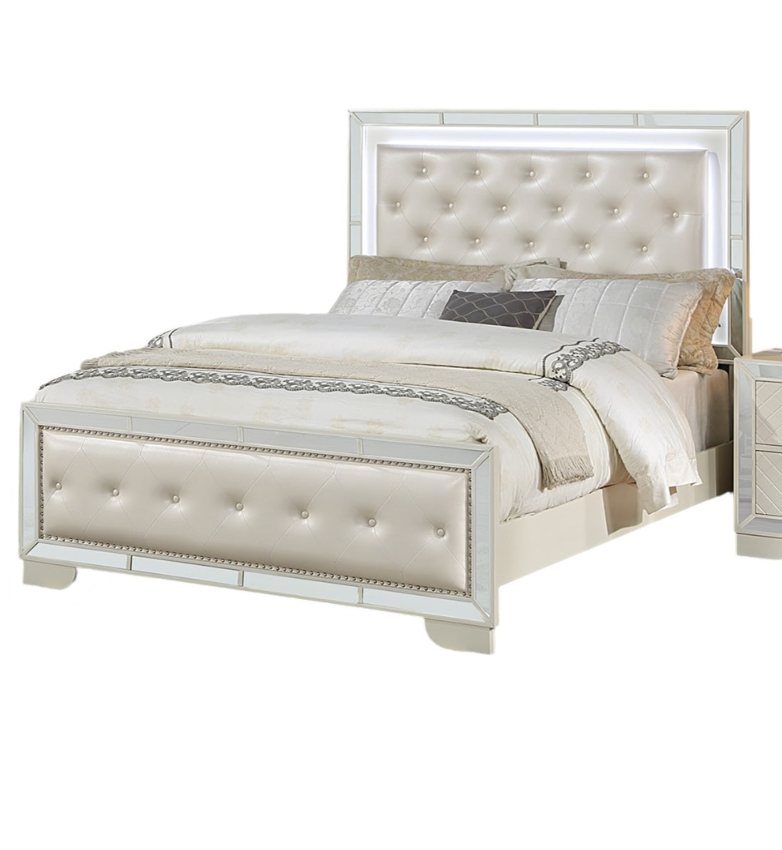 Cream Ivory Tufted Faux Leather Queen Size Bed w LED Lights Beautiful 1pc Panel Bedframe Mirror Trim