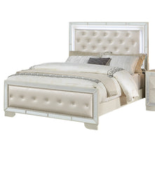 Cream Ivory Tufted Faux Leather Queen Size Bed w LED Lights Beautiful 1pc Panel Bedframe Mirror Trim