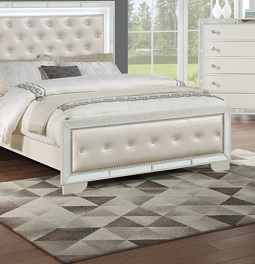 Cream Ivory Tufted Faux Leather Queen Size Bed w LED Lights Beautiful 1pc Panel Bedframe Mirror Trim