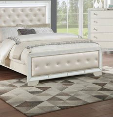 Cream Ivory Tufted Faux Leather Queen Size Bed w LED Lights Beautiful 1pc Panel Bedframe Mirror Trim