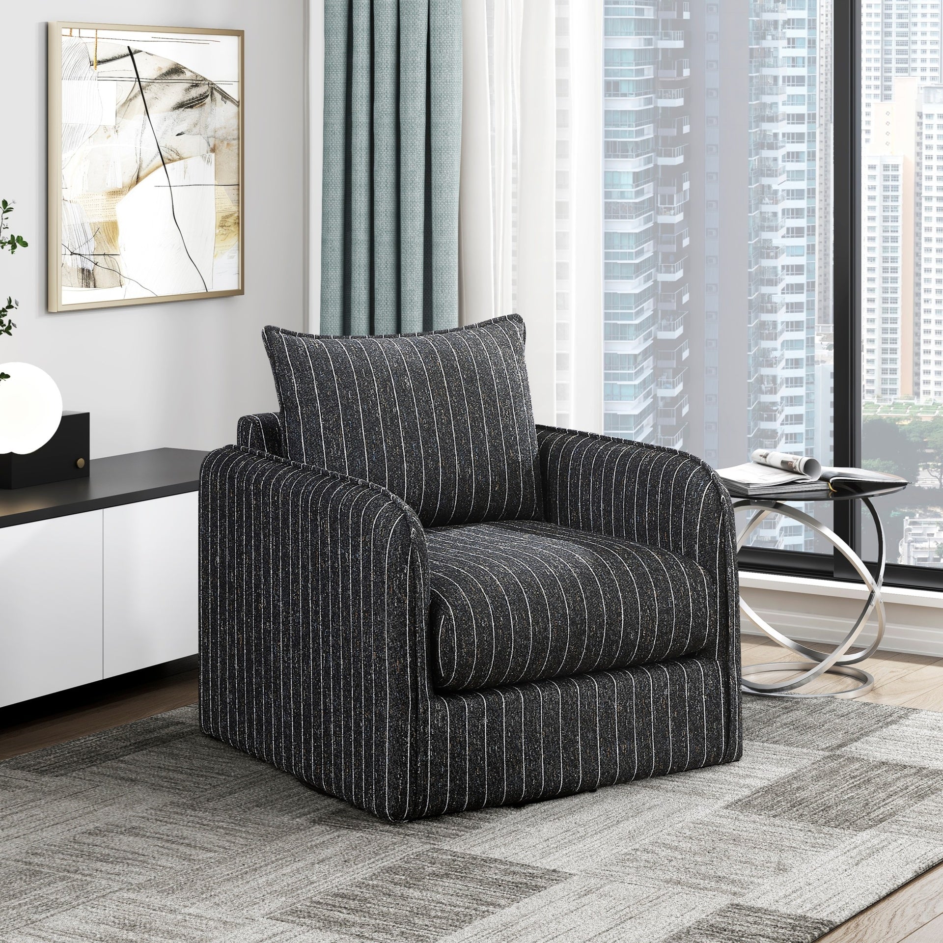 Contemporary Accent Chair Swivel Base Comfort Plush Upholstery Black White Stripe Modern Living Room Furniture 1pc