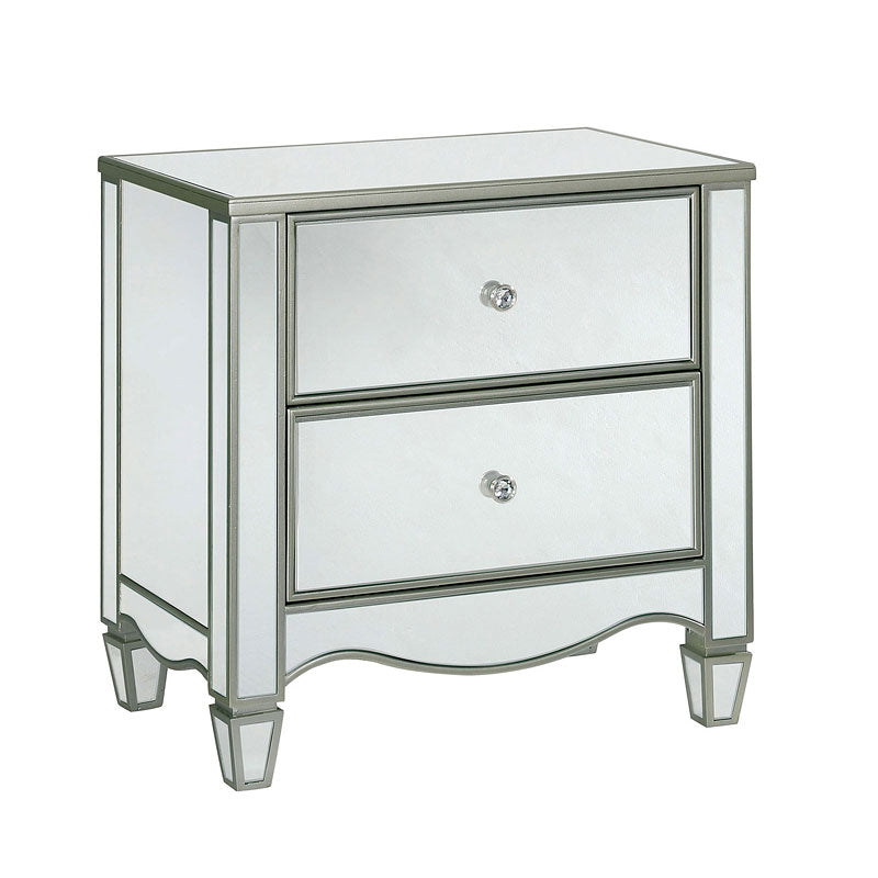 Glam Silver Finish 1pc Nightstand Mirror Panels Ornate Accents Curved Feet Crystal Drawer Knobs Bedside Table Bedroom Furniture