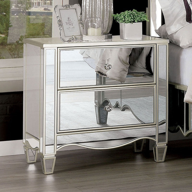 Glam Silver Finish 1pc Nightstand Mirror Panels Ornate Accents Curved Feet Crystal Drawer Knobs Bedside Table Bedroom Furniture