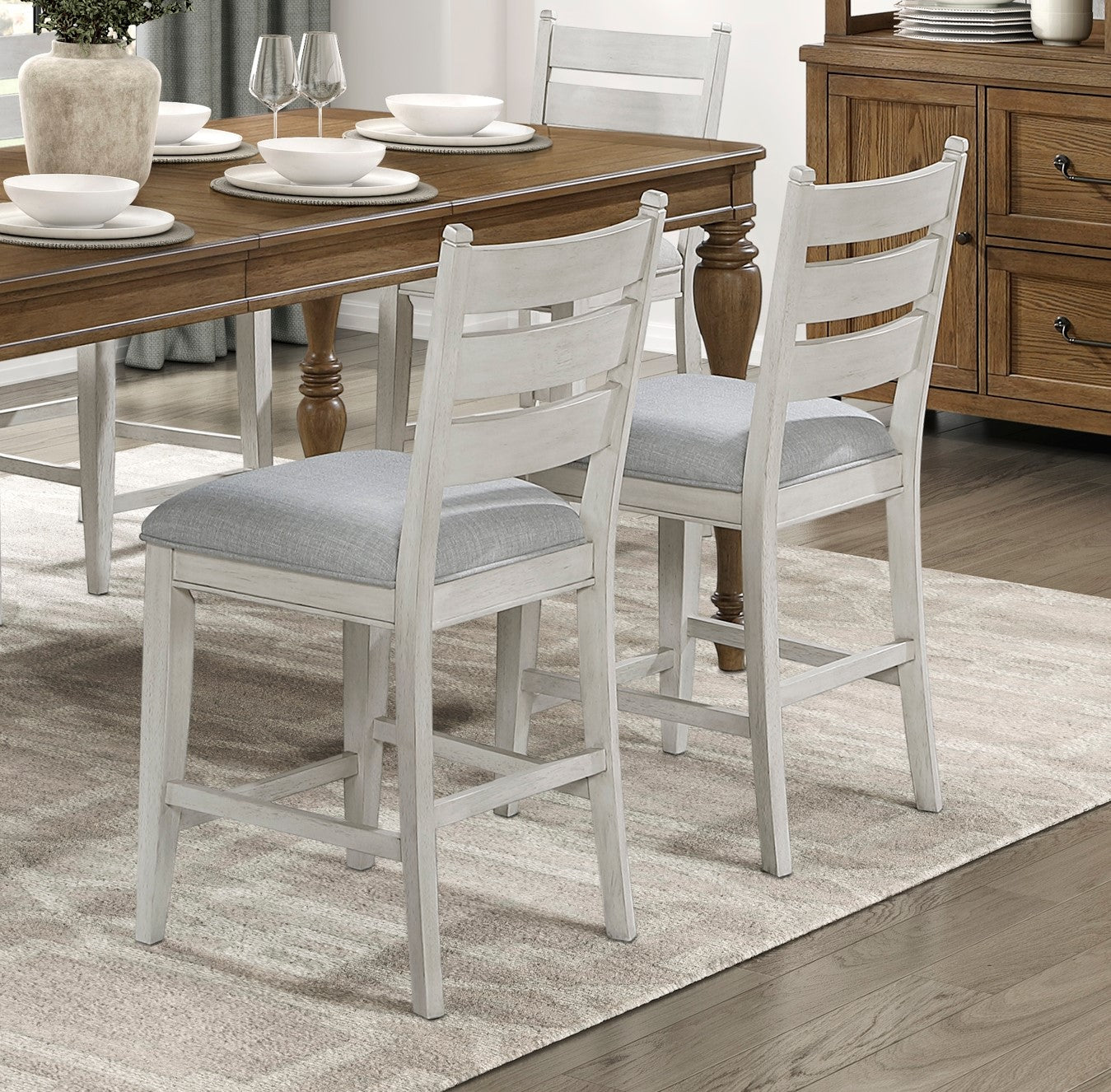 Farmhouse Dining Furniture Set of 2 Counter Height Chairs Antique White Finish Wooden Durable Comfortable Padded Seat