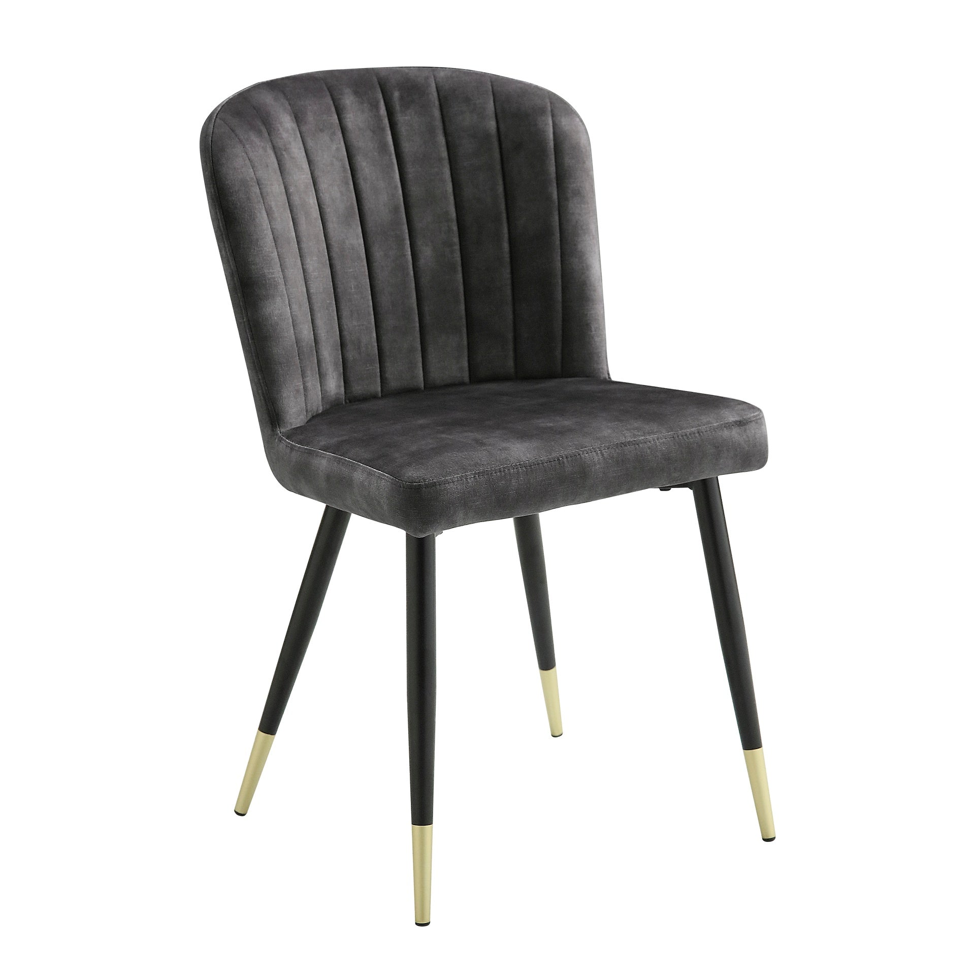Modern Design Home Furniture Chairs Set of 2, Charcoal-hued Velvet Upholstery Channel Tufting Black Metal Legs with Gold-Finish Accent
