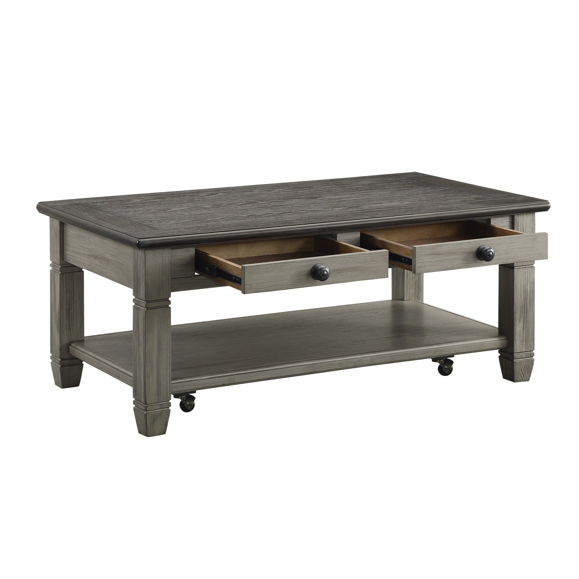 Coffee and Antique Gray Finish 1pc Cocktail Table with Casters 2 Drawers Bottom Shelf Wooden Living Room Furniture
