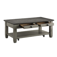 Coffee and Antique Gray Finish 1pc Cocktail Table with Casters 2 Drawers Bottom Shelf Wooden Living Room Furniture