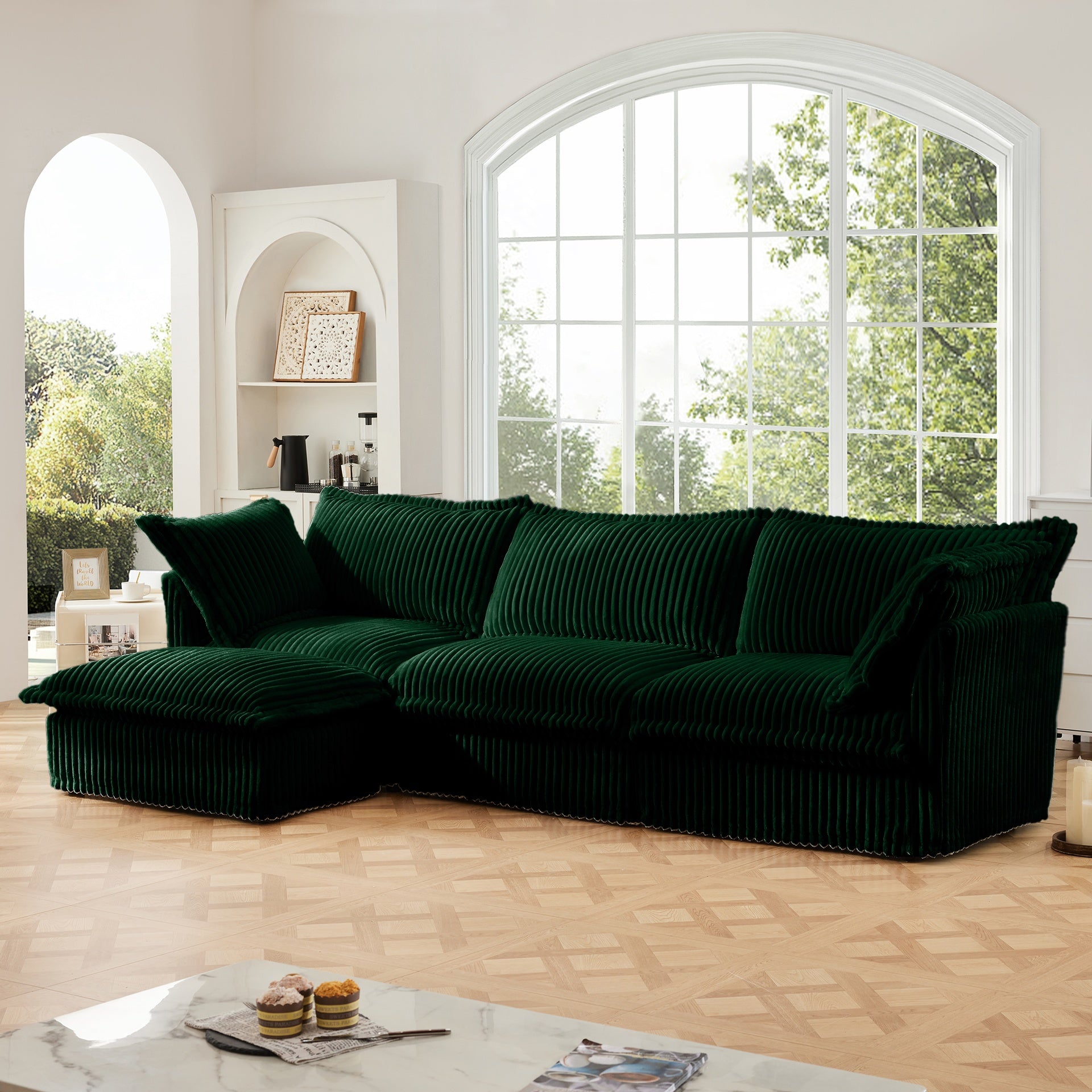 L-Shaped Slipcovered Sectional Sofa Couch, Comfy Deep Seat Cloud Couch with Convertible Ottoman & 2 Big Pillows, Modern Oversized 3 Seater Slipcovered Sofa Set for Living Room Office, Green Corduroy