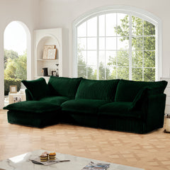 L-Shaped Slipcovered Sectional Sofa Couch, Comfy Deep Seat Cloud Couch with Convertible Ottoman & 2 Big Pillows, Modern Oversized 3 Seater Slipcovered Sofa Set for Living Room Office, Green Corduroy