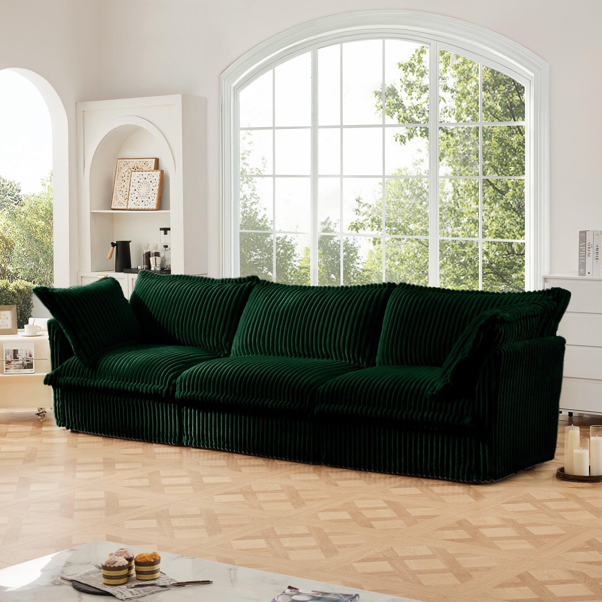 Slipcovered Sofa Couch, Modern 3 Seater Sofa with Suppleness Armrests,Deep Seat Sofa with Soft Multiple Big Pillows, Comfy Couch for Living Room, Apartment,Green Corduroy Fabric