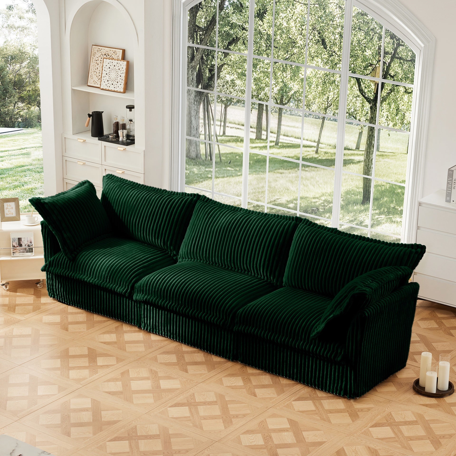 Slipcovered Sofa Couch, Modern 3 Seater Sofa with Suppleness Armrests,Deep Seat Sofa with Soft Multiple Big Pillows, Comfy Couch for Living Room, Apartment,Green Corduroy Fabric