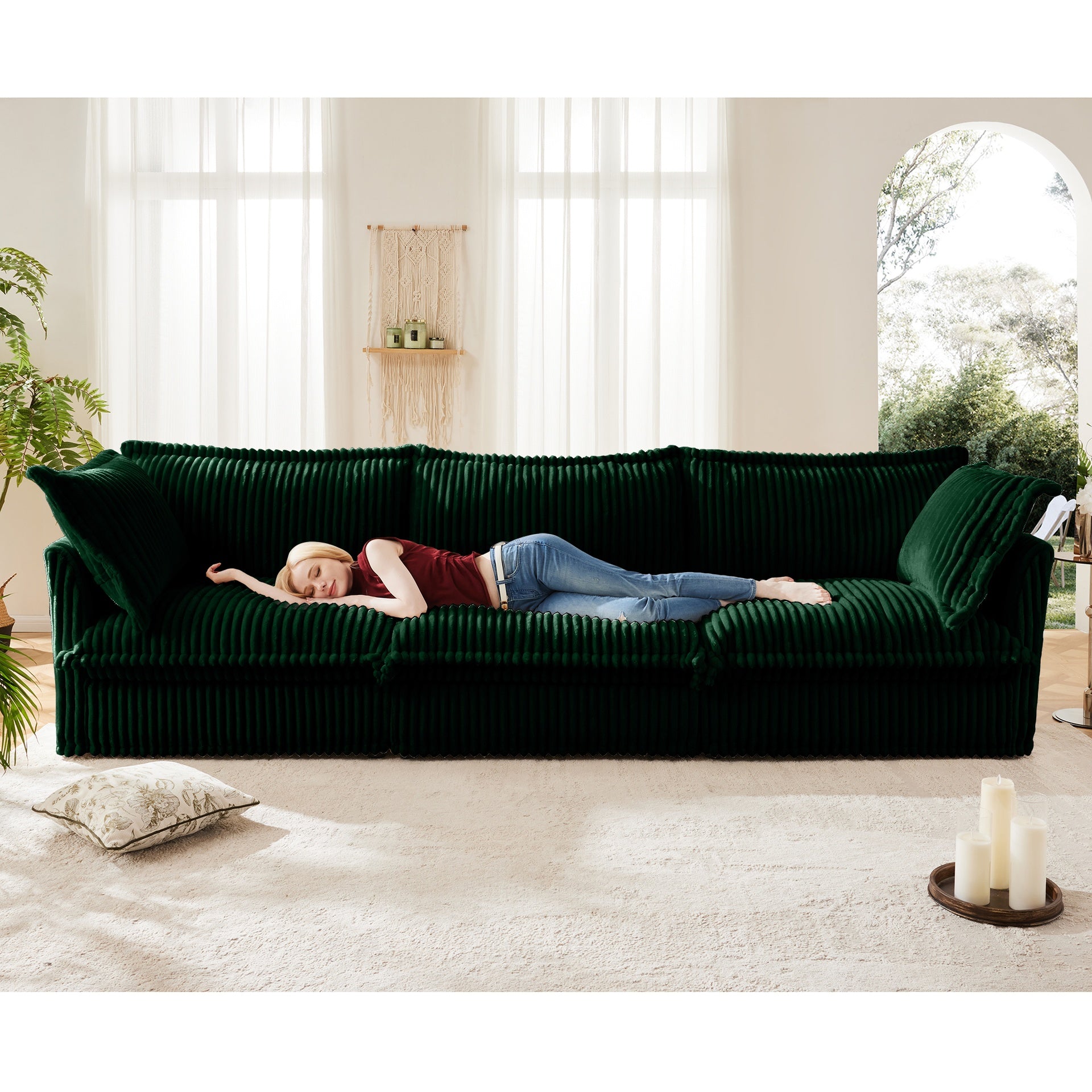 Slipcovered Sofa Couch, Modern 3 Seater Sofa with Suppleness Armrests,Deep Seat Sofa with Soft Multiple Big Pillows, Comfy Couch for Living Room, Apartment,Green Corduroy Fabric