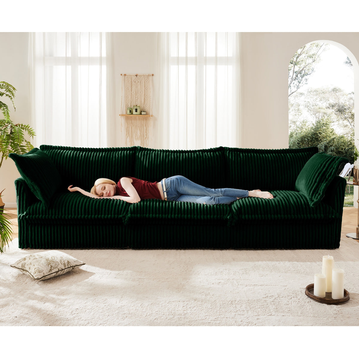 Slipcovered Sofa Couch, Modern 3 Seater Sofa with Suppleness Armrests,Deep Seat Sofa with Soft Multiple Big Pillows, Comfy Couch for Living Room, Apartment,Green Corduroy Fabric
