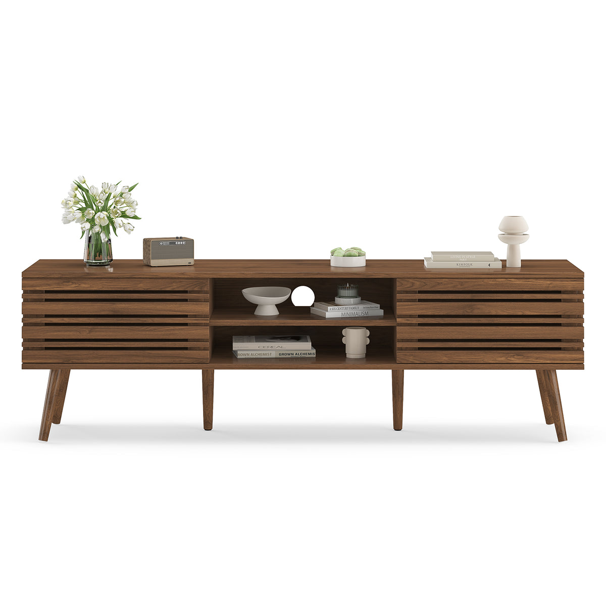 Mid Century Modern TV Stands for up to 70" TV with Storage, Fluted Wood TV Stand for Living Room, Boho Media Console, Entertainment Center with Cable Management