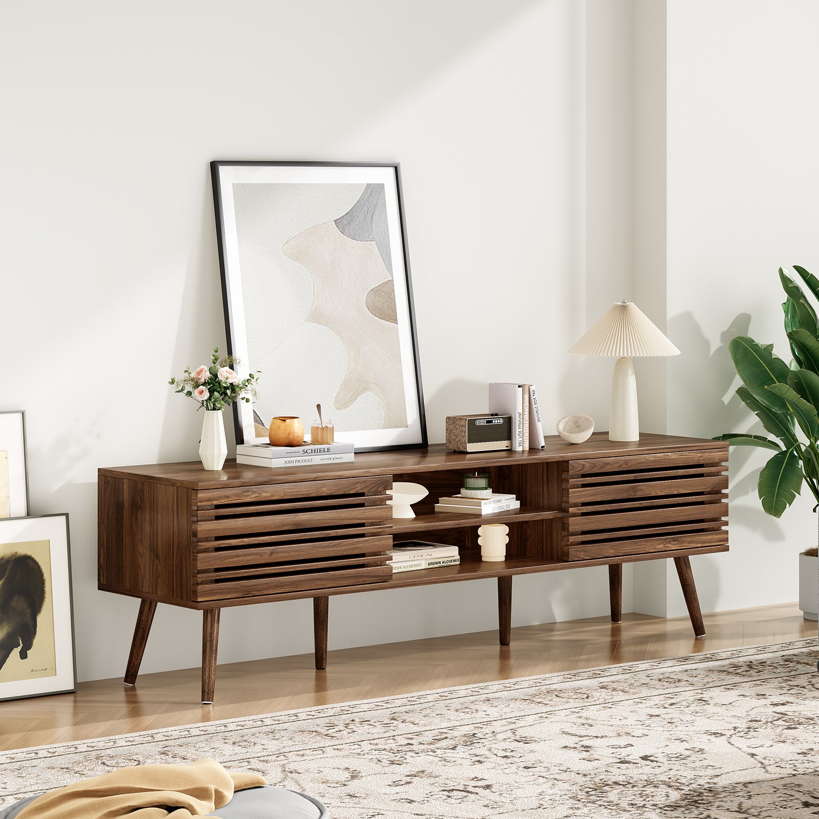 Mid Century Modern TV Stands for up to 70" TV with Storage, Fluted Wood TV Stand for Living Room, Boho Media Console, Entertainment Center with Cable Management