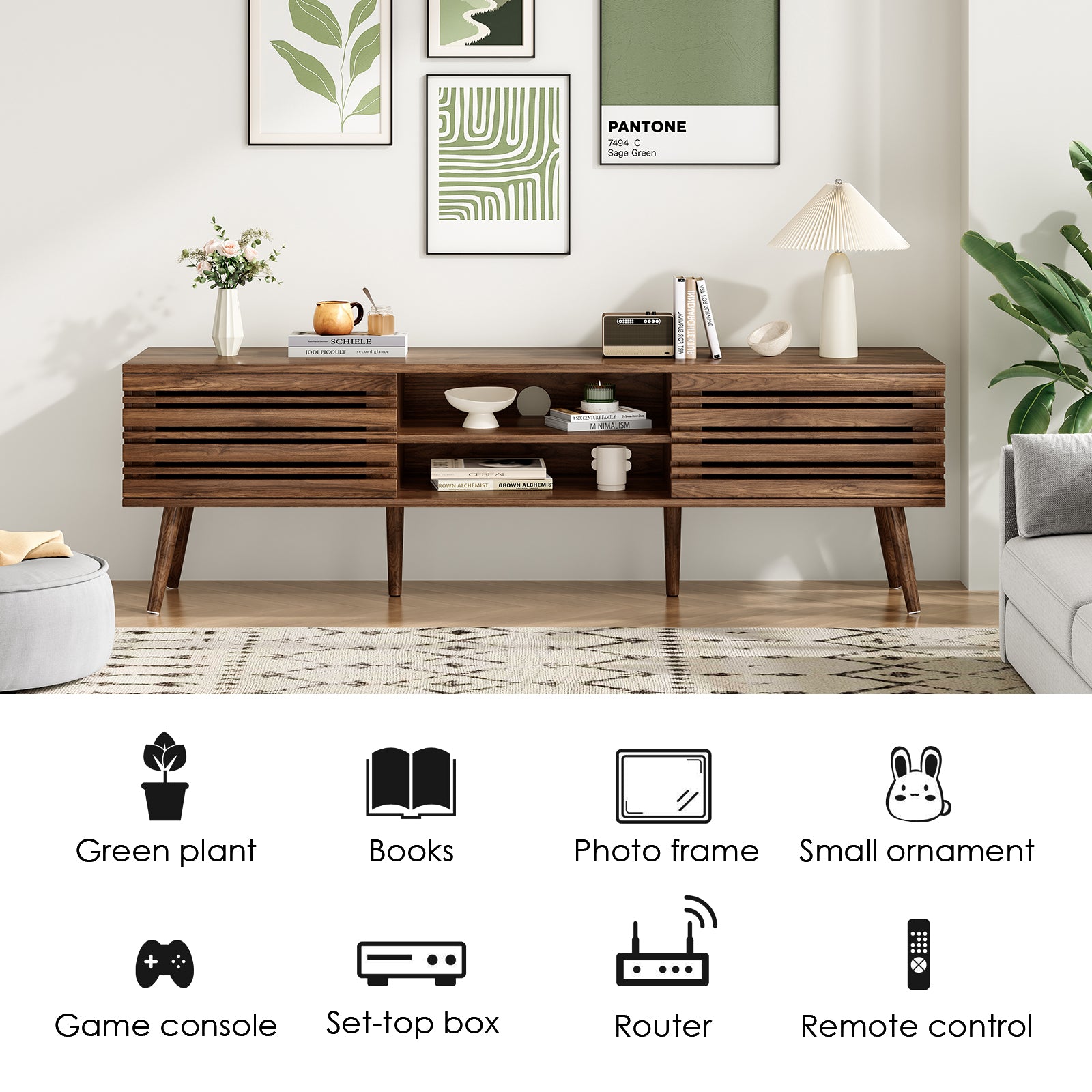 Mid Century Modern TV Stands for up to 70" TV with Storage, Fluted Wood TV Stand for Living Room, Boho Media Console, Entertainment Center with Cable Management