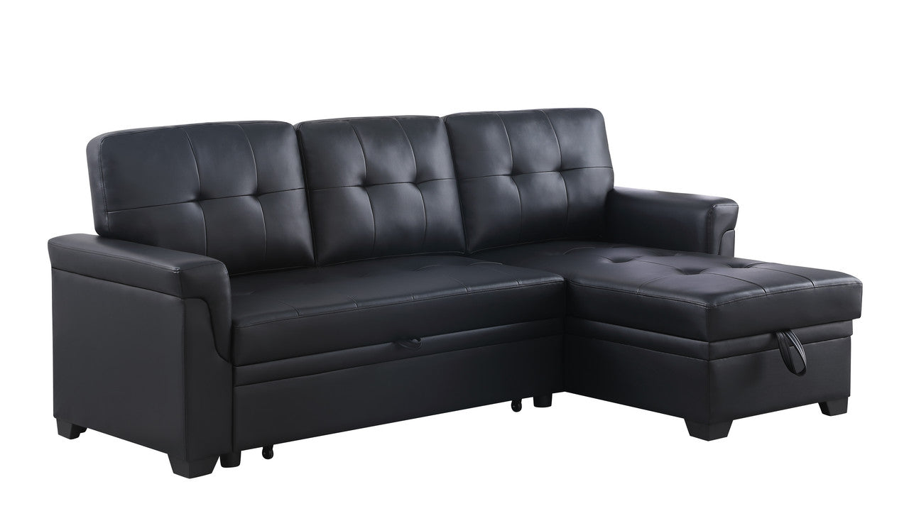 Jardin 84"W Black Vegan Leather Modern Reversible Sleeper Sectional Sofa with Storage Chaise