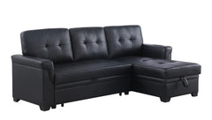 Jardin 84"W Black Vegan Leather Modern Reversible Sleeper Sectional Sofa with Storage Chaise