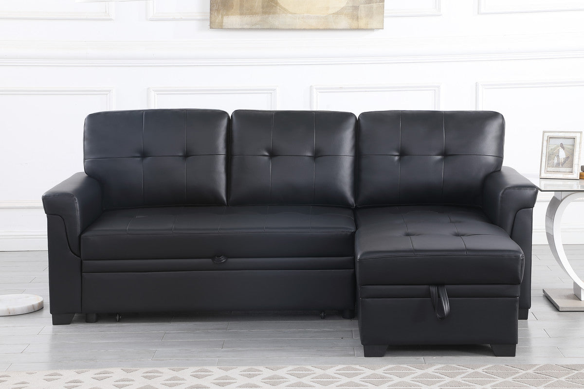Jardin 84"W Black Vegan Leather Modern Reversible Sleeper Sectional Sofa with Storage Chaise