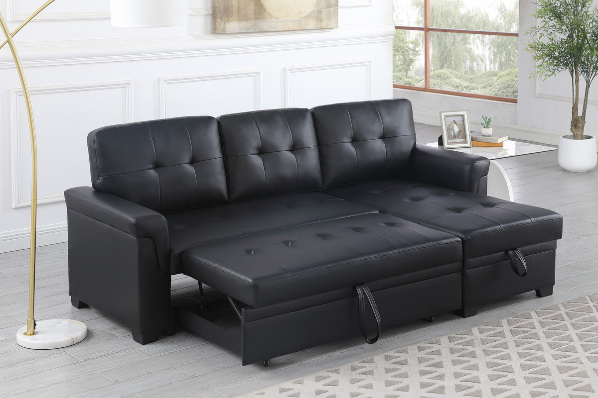 Jardin 84"W Black Vegan Leather Modern Reversible Sleeper Sectional Sofa with Storage Chaise