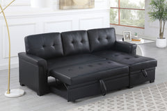 Jardin 84"W Black Vegan Leather Modern Reversible Sleeper Sectional Sofa with Storage Chaise