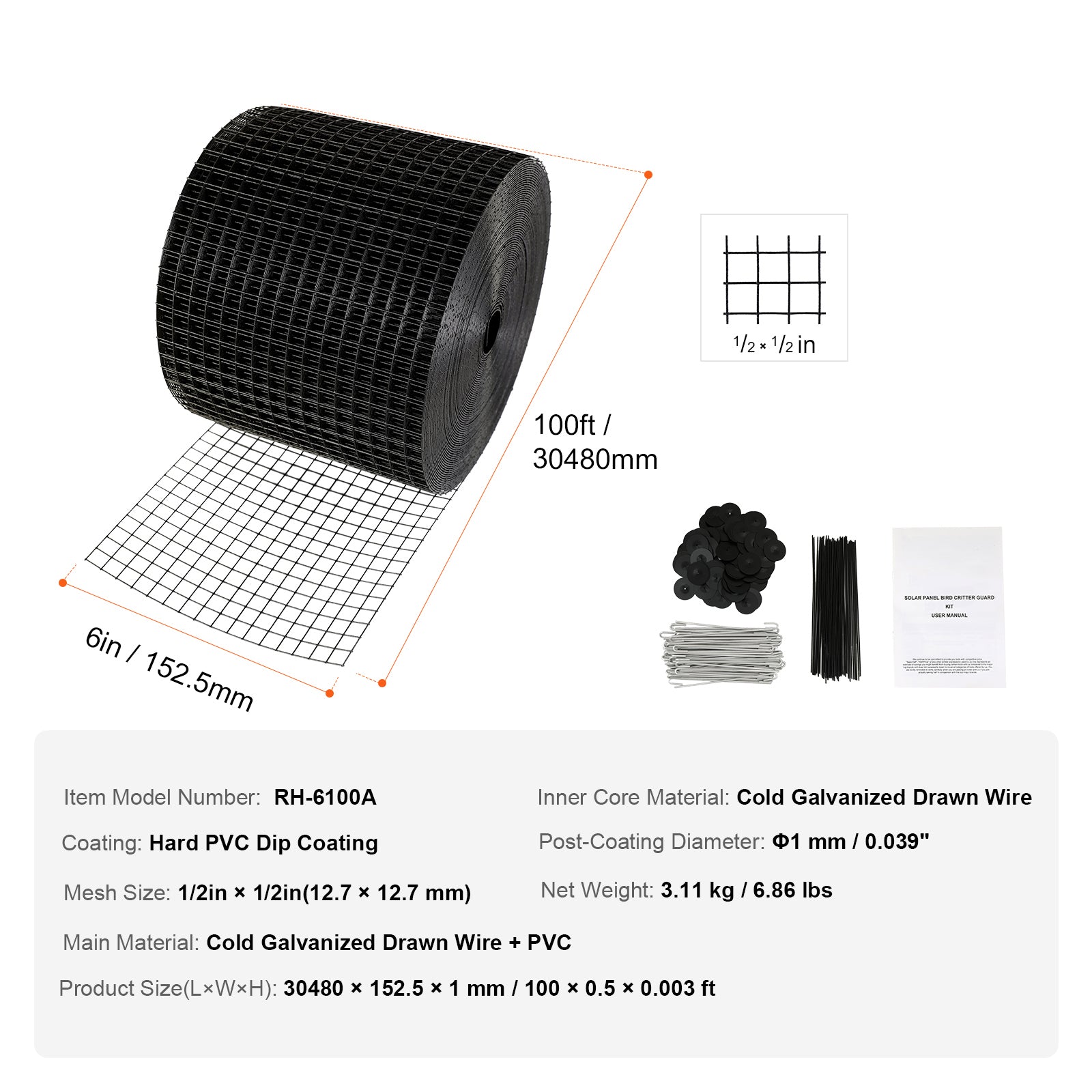 6 inch x 100ft Solar Panel Bird Guard, Critter Guard Roll Kit with 60pcs Stainless Steel Fasteners, Solar Panel Guard with Rust-proof PVC Coating, 1/2 inch Wire Roll Mesh