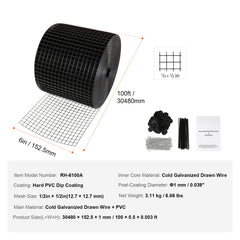 6 inch x 100ft Solar Panel Bird Guard, Critter Guard Roll Kit with 60pcs Stainless Steel Fasteners, Solar Panel Guard with Rust-proof PVC Coating, 1/2 inch Wire Roll Mesh