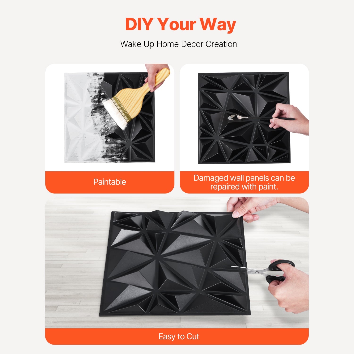 3D Wall Panels 33-Pack 11.81 x 11.81'' PVC 32 Sq.Ft Coverage Diamond Matte Black