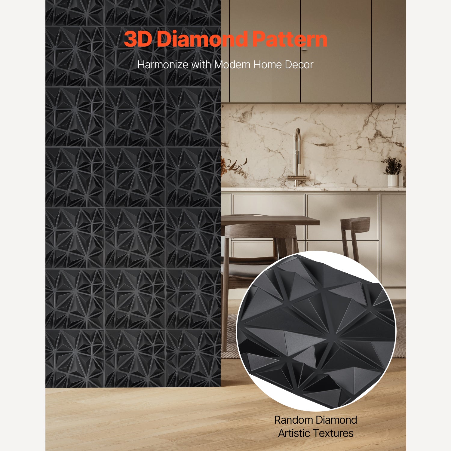 3D Wall Panels 33-Pack 11.81 x 11.81'' PVC 32 Sq.Ft Coverage Diamond Matte Black