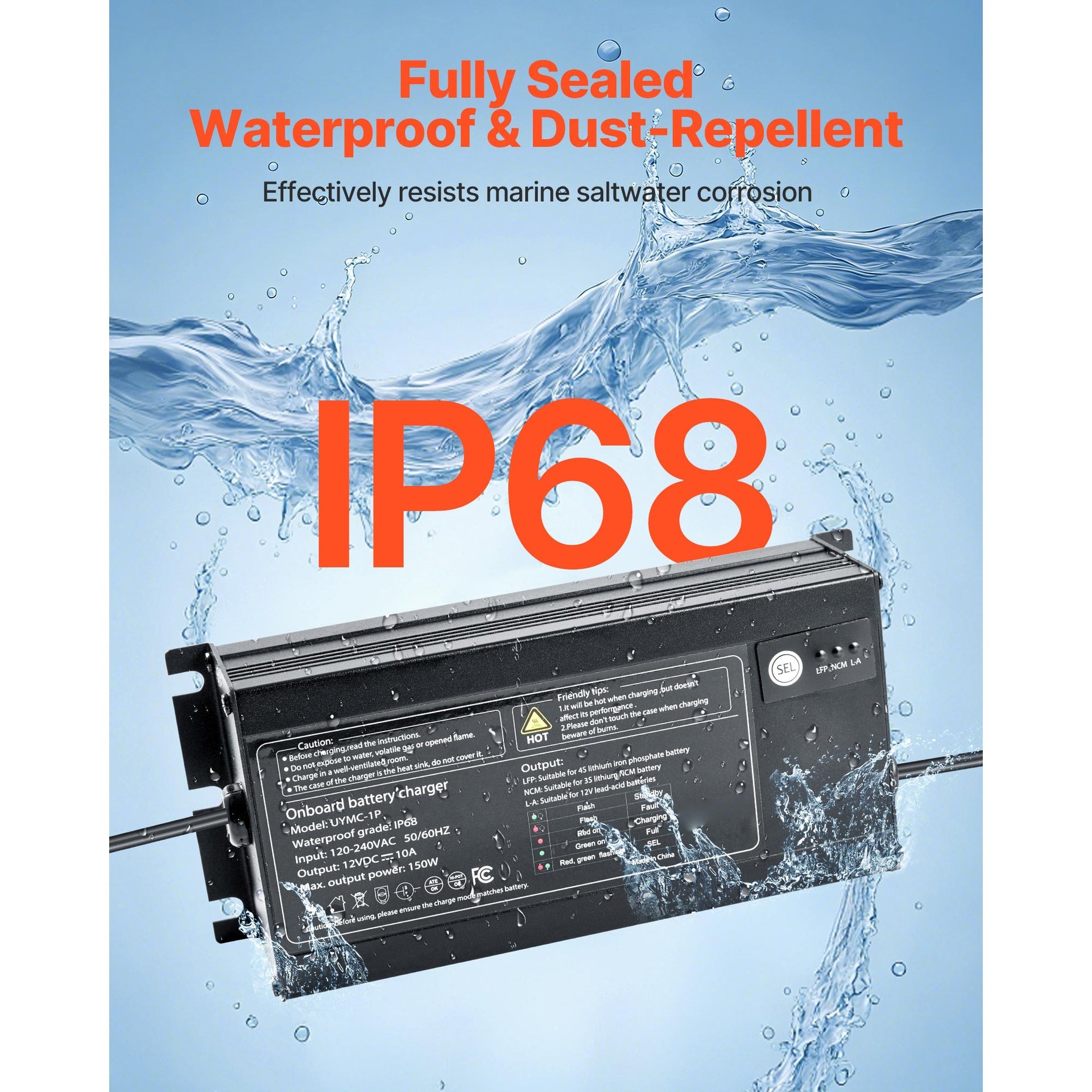 1-Bank 10A 12V Smart Marine Battery Charger Onboard IP68 Waterproof Boat RV