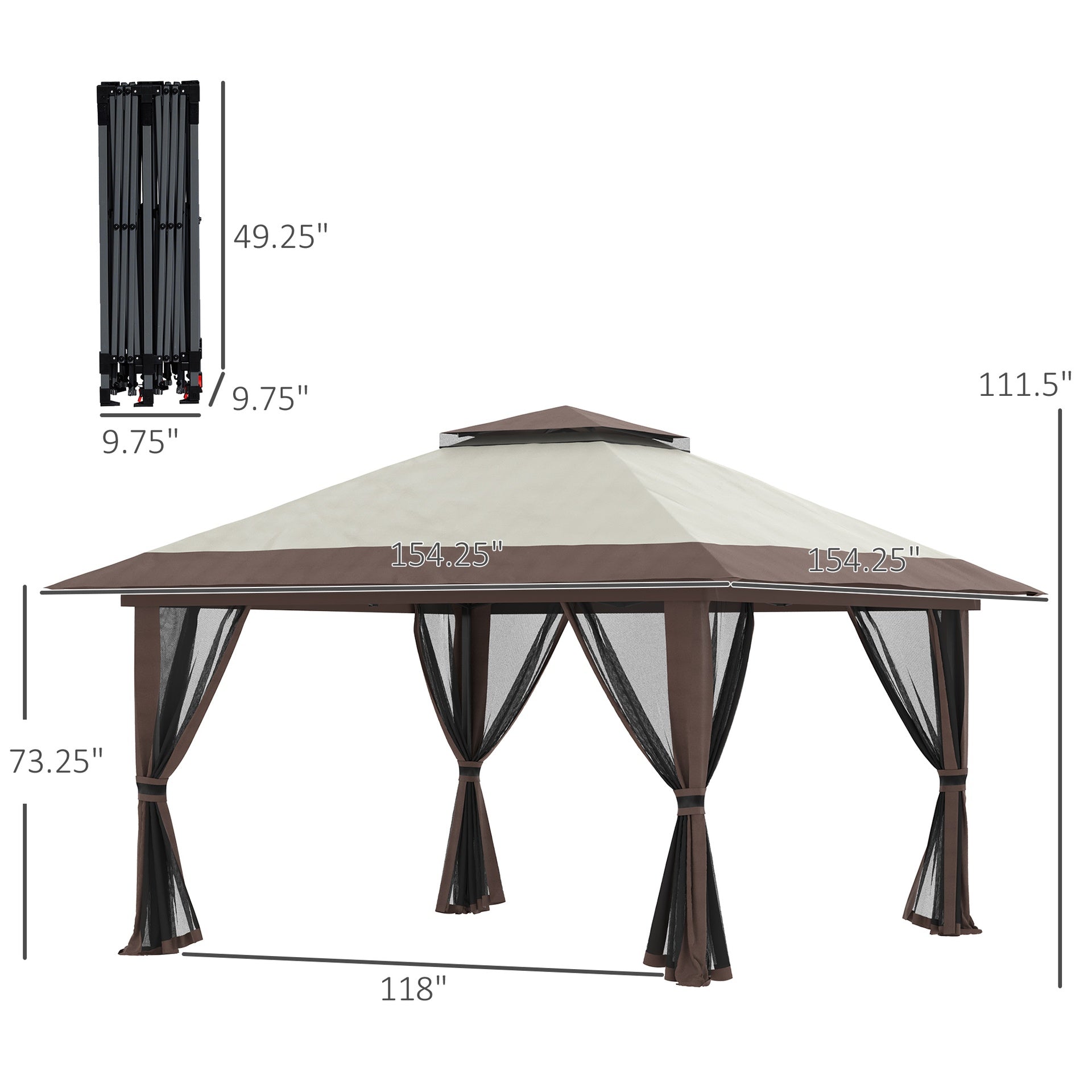 Outsunny 13' x 13' Pop Up Gazebo with Netting, Instant Canopy Tent Shelter with 2-Tier Roof,  Wheeled Carry Bag, Water/Sand Bags for Outdoor, Garden, Parties, Beige