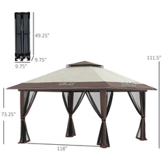 Outsunny 13' x 13' Pop Up Gazebo with Netting, Instant Canopy Tent Shelter with 2-Tier Roof,  Wheeled Carry Bag, Water/Sand Bags for Outdoor, Garden, Parties, Beige